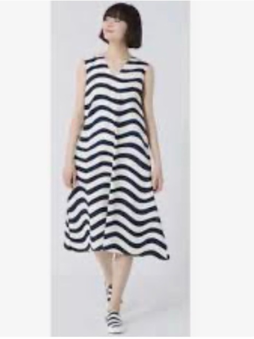 Marimekko / uniqlo Navy and White Wave Stripe Midi Dress